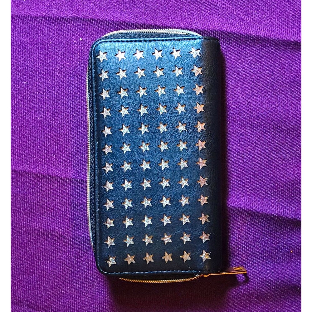 Zip Around Wallet Star Studs Stars Pattern Faux Leather Black Women Credit Card